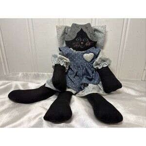 Vintage 1990s Primitive Painted Wooden Black Cat Plush Country Dress Great Con.